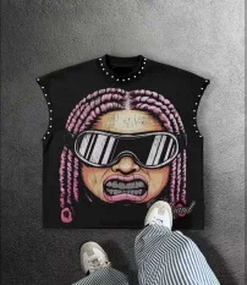 American Style New Super Cool Pattern Print Y2K Hip-Hop Street Retro Loose Casual round Neck Cotton Sleeveless Couple T-Shirt