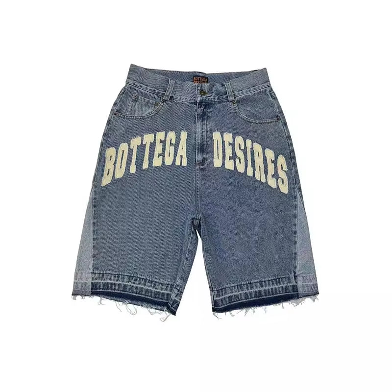 American Style Harajuku Retro Denim Shorts with Letter Embroidery Oversized Jeans Men Y2K Loose Casual Versatile Shorts Woman