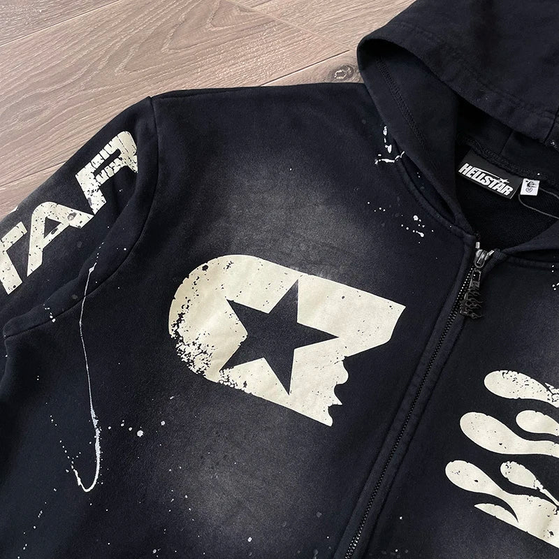 Black Hand Ink Splash Grey Washing Craft Zip up Hoodie Zip Washing Cotton Hooded Sweater