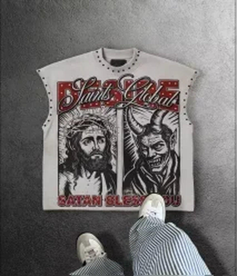 American Style New Super Cool Pattern Print Y2K Hip-Hop Street Retro Loose Casual round Neck Cotton Sleeveless Couple T-Shirt