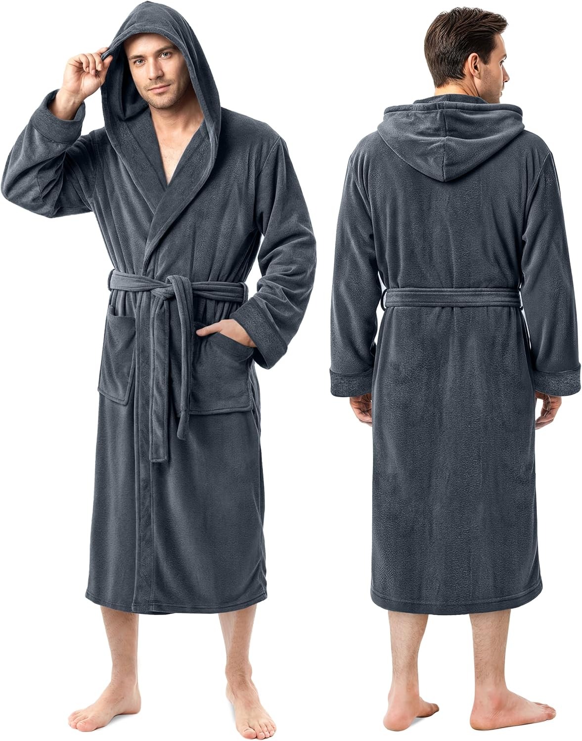 Men's plush fleece hooded bathrobe