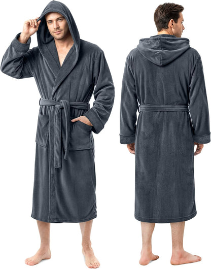 Men's plush fleece hooded bathrobe