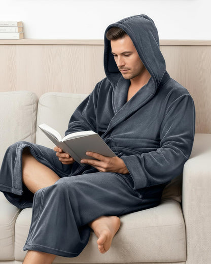 Man wearing the hooded fleece robe Dark color