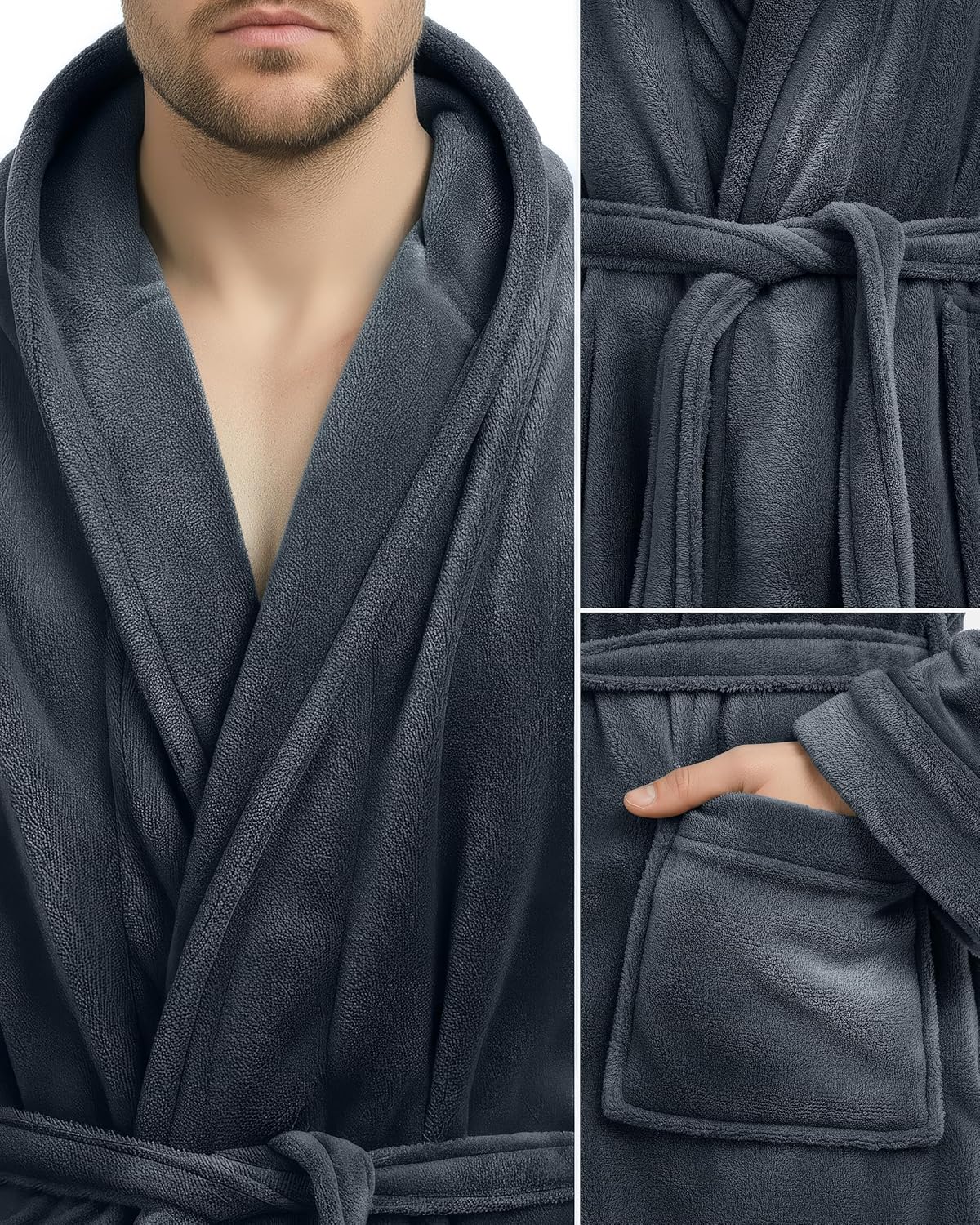 Man wearing the hooded fleece robeLigth color