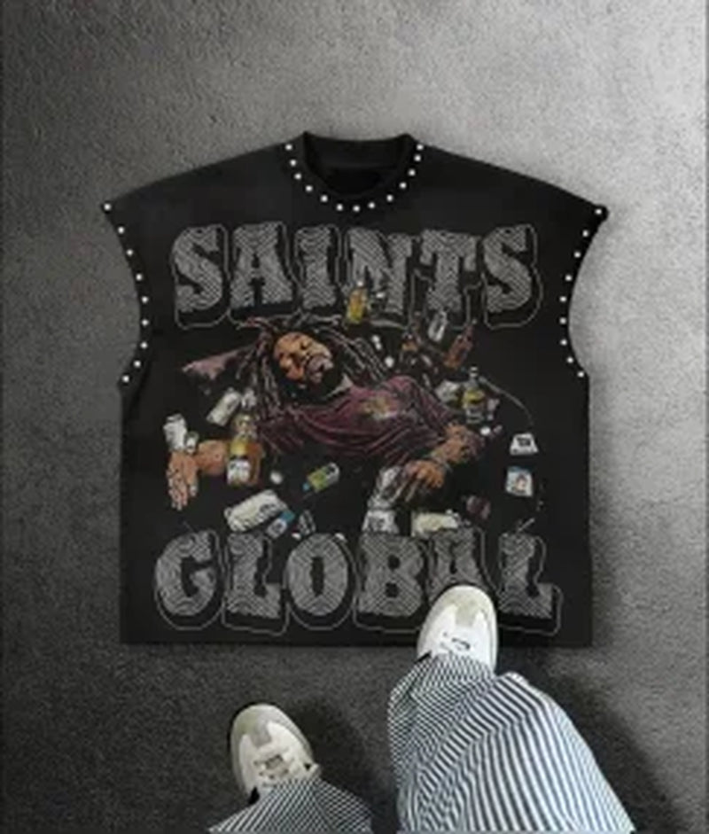 American Style New Super Cool Pattern Print Y2K Hip-Hop Street Retro Loose Casual round Neck Cotton Sleeveless Couple T-Shirt