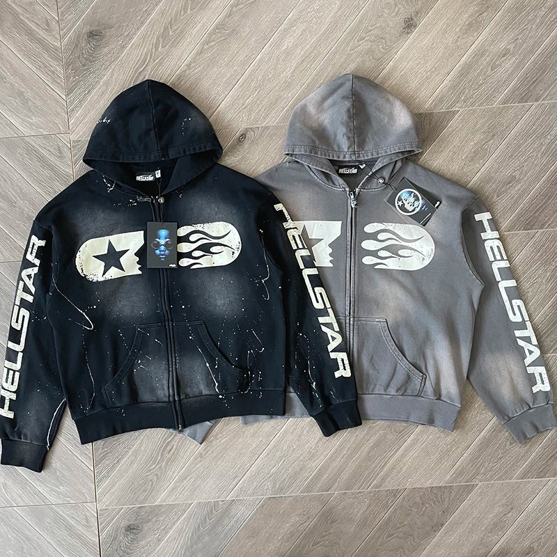 Black Hand Ink Splash Grey Washing Craft Zip up Hoodie Zip Washing Cotton Hooded Sweater