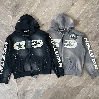 Black Hand Ink Splash Grey Washing Craft Zip up Hoodie Zip Washing Cotton Hooded Sweater