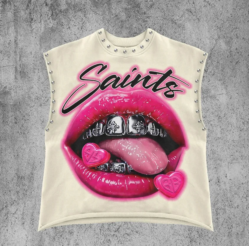 American Style New Super Cool Pattern Print Y2K Hip-Hop Street Retro Loose Casual round Neck Cotton Sleeveless Couple T-Shirt