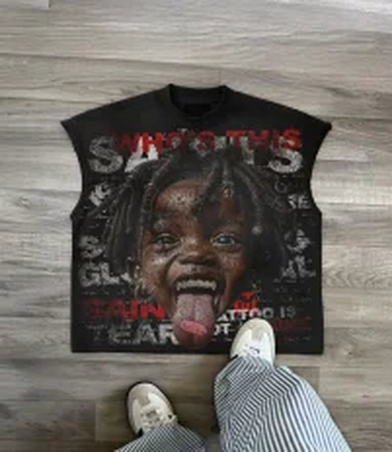 American Style New Super Cool Pattern Print Y2K Hip-Hop Street Retro Loose Casual round Neck Cotton Sleeveless Couple T-Shirt