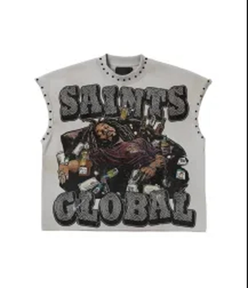 American Style New Super Cool Pattern Print Y2K Hip-Hop Street Retro Loose Casual round Neck Cotton Sleeveless Couple T-Shirt